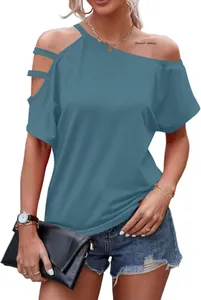 Chic blue off-shoulder T-shirt with cutout sleeve details and loose summer fit design