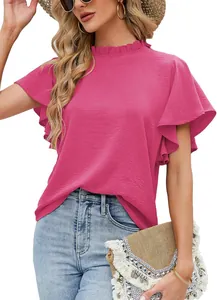 Close-up of elegant magenta mock neck top featuring pleated flutter sleeves for women