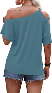 Detail back view of women's blue off-shoulder T-shirt with cutout shoulder design
