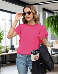 Elegant vibrant pink ruffle short sleeve blouse for women casual office work top shirt