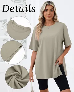 Detailed macro views of women's loose split short sleeve T-shirt and soft fabric texture