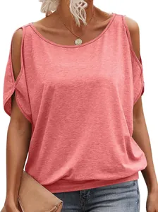 Close-up detail of a pink coral cold-shoulder batwing sleeve t-shirt for casual wear