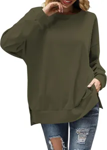 Sudadera casual oversize de cuello redondo para mujer en verde oliva con aberturas