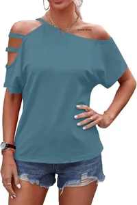 Close-up of women's blue t-shirt showing the asymmetric cold-shoulder detail.