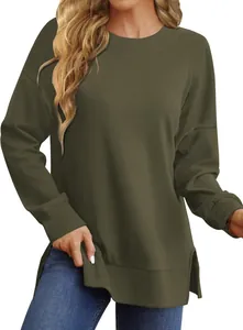 Sudadera de cuello redondo verde oliva para mujer, ajuste holgado y cómodo, otoño