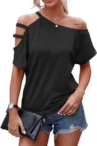 Detailed view of women's black off-the-shoulder t-shirt with cutout straps