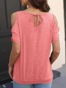 Back view of women's coral cold shoulder t-shirt showing tie-back detail