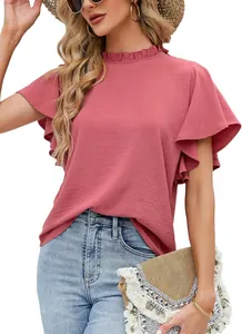 Elegant women's pleated short sleeve blouse in dusty rose pink featuring a mock neck design