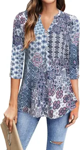 Close-up of stylish women's 3/4 sleeve V-neck blouse with bohemian floral print