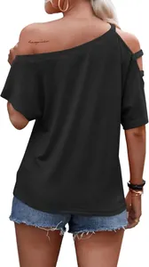 Back view of a loose black off-the-shoulder T-shirt for women featuring strap detail