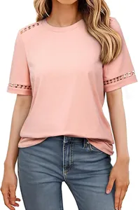 Rosa Kurzarm-T-Shirt mit modischen Spitzenbesätzen an Schultern und Ärmeln