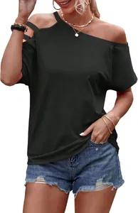 Close-up of the stylish off-shoulder neckline and strap detail on black summer t-shirt