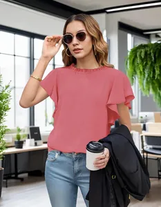 Elegant coral pink pleated short sleeve blouse for women office workwear.
