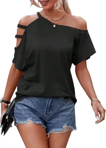 Detailed view of women's black off-shoulder T-shirt featuring stylish cutout strap shoulder design