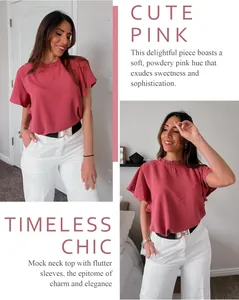 Elegant pink mock neck blouse with flutter sleeves for women in a chic lifestyle setting.