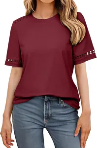 Burgunderrotes Damen-Kurzarm-T-Shirt mit eleganten Häkelspitzen-Details an den Ärmeln