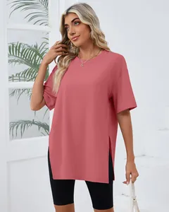 Women's minimalist loose crew neck short sleeve T-shirt with high side slits in dusty rose