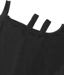 Close-up of a black slanted neckline summer top showing soft cotton fabric texture