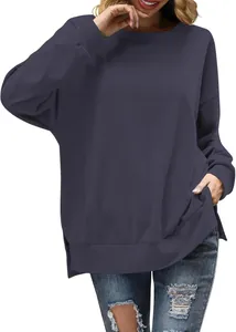 Vista detallada de sudadera casual suelta con cuello redondo para mujer en azul pizarra