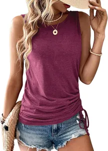 Detailed view of women's sleeveless knit tank top with side drawstring ruching detail