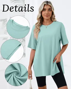 Detail view of mint green loose T-shirt showing neckline, slit and fabric texture