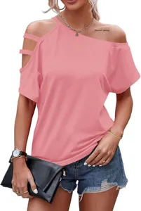 Close-up detail of a pink off-the-shoulder loose t-shirt with a hollow strap design.
