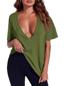 T-Shirt Sexy à Col en V Profond pour Femmes Hauts à Manches Courtes d'Été Décontractés Couleur Unie en Polyester Tricoté