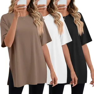 Casual loose crew neck T-shirts for women with side slits shown in three solid colors