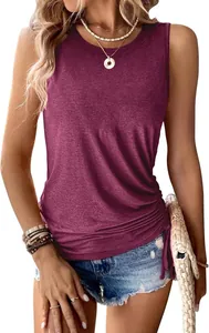 Close-up detail of the side drawstring and knit texture of a maroon sleeveless tank top.