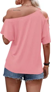 Back view of a pink off-the-shoulder loose summer T-shirt for women in soft cotton