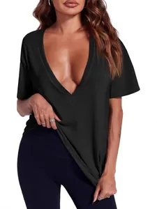 T-shirt sexy à col en V profond pour femme, haut décontracté à manches courtes noir