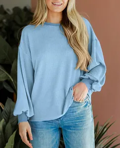 Gedetailleerd overzicht van een blauw gestructureerd los sweatshirt met lange mouwen