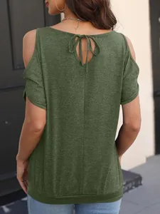 Close-up of olive green off-shoulder batwing sleeve T-shirt with back tie detail.