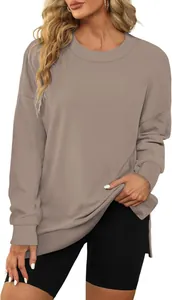 Sudadera casual de cuello redondo para mujer en color topo con aberturas