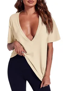 T-shirt sexy à col en V profond pour femme, haut d'été ample et décontracté en beige