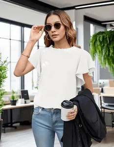 Elegant white short-sleeve blouse with ruffle collar for women's office wear styles.
