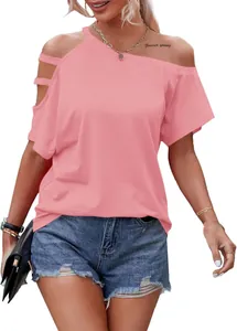 Casual loose-fit pink t-shirt featuring stylish cold-shoulder cutouts and diagonal neck