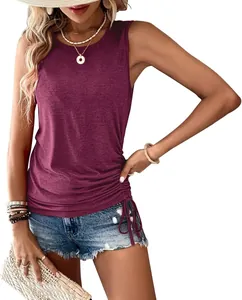 Maroon sleeveless knit top with round neck and adjustable side drawstring details