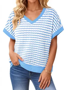Casual gebreid dames-T-shirt met V-hals en modieuze blauw-witte strepen voor de zomer