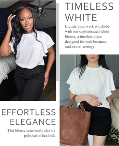 Close-up of white ruffled short-sleeved blouse for elegant office and casual wear