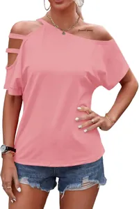 Detailed view of pink cold-shoulder t-shirt with cut-out strap details on the sleeve
