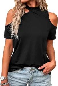 Chic black cold shoulder t-shirt with asymmetrical high neck cut-out detail for women