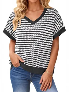Casual gebreide top voor dames met V-hals en zwart-witte horizontale strepen
