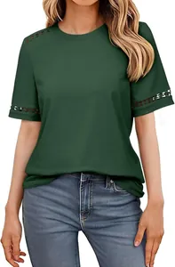 Lässiges dunkelgrünes Damen-T-Shirt mit kurzen Ärmeln und elegantem Spitzenbesatz-Detail