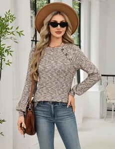 Casual herfst wafelgebreid shirt met lange mouwen en decoratieve knopen voor dames