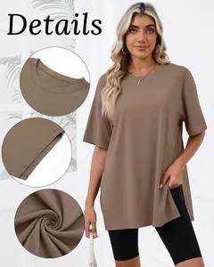Close-up details of women's mocha round neck T-shirt with side slits and soft fabric.