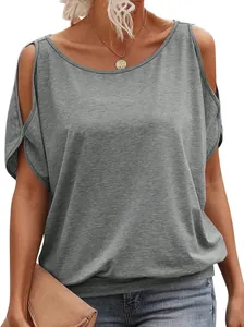 Casual women's grey cold shoulder top with batwing sleeves and loose fit design.
