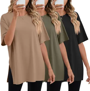 Three women wearing loose side slit T-shirts in khaki, olive green, and black colors.