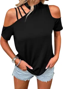 Detail of black cold shoulder t-shirt with diagonal cutout neckline on model