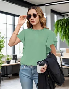 Elegant sage green ruffled short sleeve blouse for office wear with textured fabric